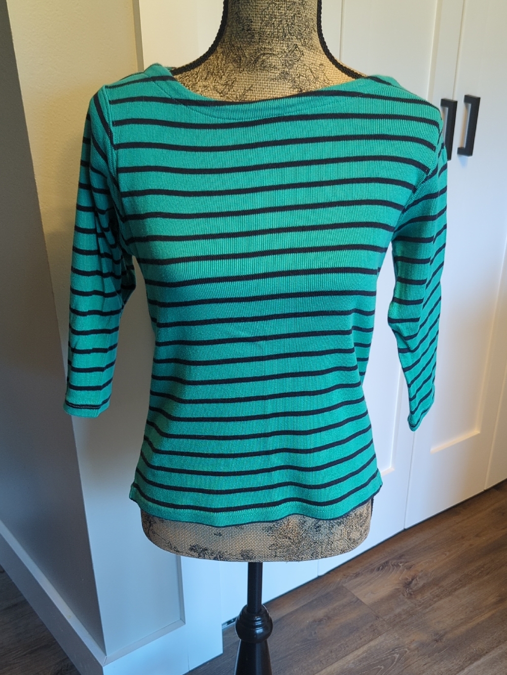 L.L. Bean Teal and Black Striped Boatneck Top